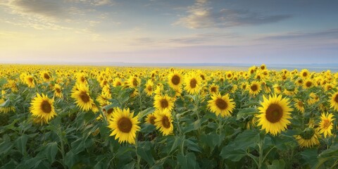 Fototapeta premium The Sunflower Field Stretching to the Horizon Under a Golden Sunset Sky