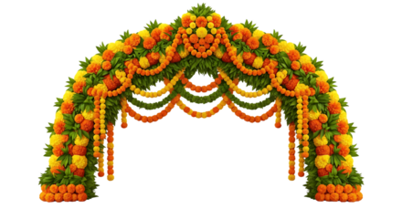Elaborate floral archway for celebration adorned with marigolds and beads
