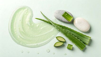 Fresh aloe vera gel and leaves with cucumber slices and stones on a light background, perfect for skincare and natural product branding
