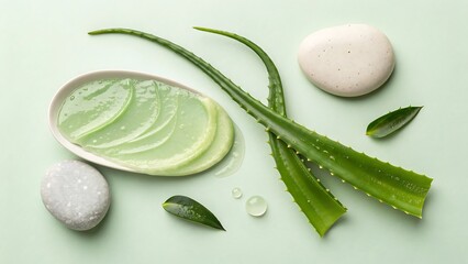 Fresh aloe vera gel with leaves and stones representing natural skincare, wellness, and spa treatments for healthy glowing skin