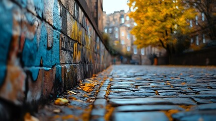 A close-up of a wall with graffiti on it, next to an old cobblestone path in Edinburgh