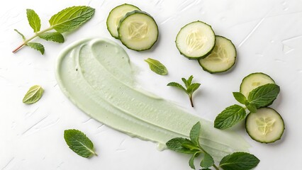 Fresh cucumber slices with mint leaves and a smooth green skincare product on white background, perfect for beauty and wellness concepts