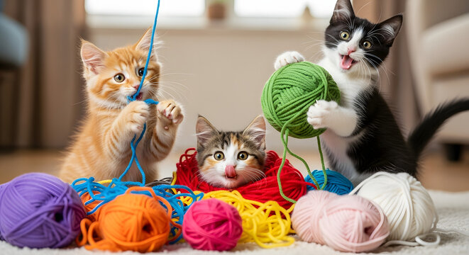 Tiga anak kucing bermain benang wol berwarna-warni, dengan ekspresi wajah ceria.
