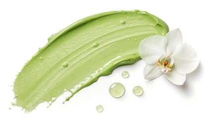 Luxurious green skincare product with delicate orchid flower, perfect for beauty, wellness, and spa treatments, creating a sense of calm