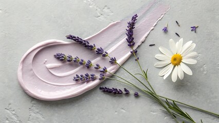 Lavender sprigs and daisy with a creamy cosmetic smear on a textured background, perfect for beauty, wellness, and spa concepts