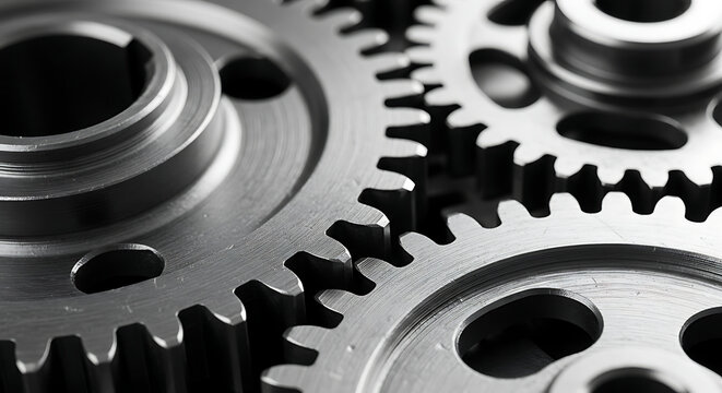 Detailed view of metallic cogs turning in unison, symbolizing collaboration, efficiency, and the intricate mechanisms of machinery and technological advancement
