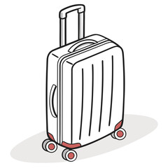 A simple line drawing of a white rolling suitcase with a retractable handle and red accents on a white background