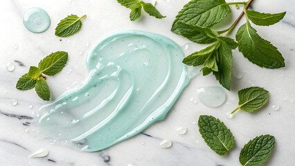Refreshing mint skincare product with fresh mint leaves and water droplets on elegant marble background for beauty and wellness