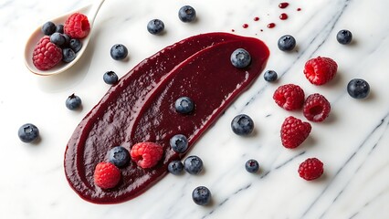 Delicious berry swirl with fresh blueberries and raspberries on a marble surface, perfect for healthy eating, smoothie ingredients, or culinary concepts