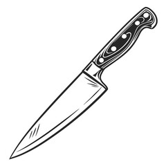 Detailed illustration of a sharp chef s knife with a patterned handle on a white background