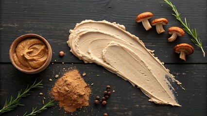 Artistic food arrangement with mushroom pate, fresh mushrooms, spices, and herbs on dark wood for culinary and restaurant concepts