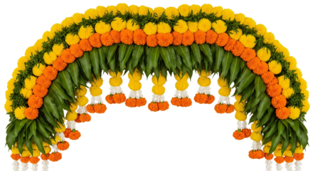 Ornate floral garland featuring marigolds and mango leaves for festive decor