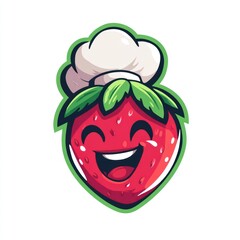 Smiling strawberry with chef hat; cheerful, bright, cartoon-like illustration