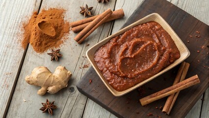 Warm autumn spices and pumpkin puree create a cozy, inviting scene for food blogs, recipes, and culinary projects with a rustic, natural aesthetic