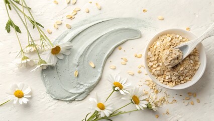 Aesthetic skincare routine with clay mask, chamomile flowers, and oat flakes for natural beauty and wellness