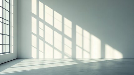 Empty white room with large window casting sunlight shadows on the wall.