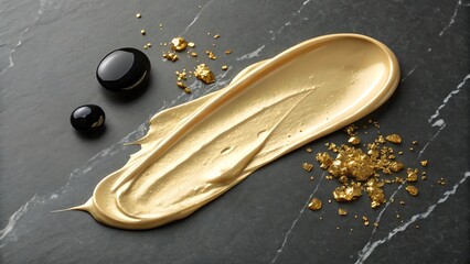 Luxurious golden cream swatch with black stones and gold flakes on a dark marble surface, perfect for cosmetics, beauty and skincare branding