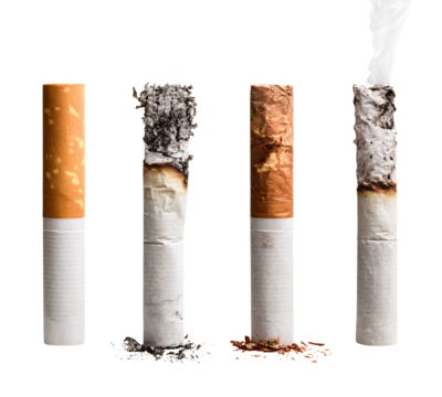 Smoking progression from fresh to ash, smoke rising