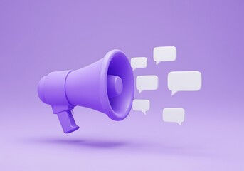 Purple Megaphone with Speech Bubbles Announcing Marketing Campaign and Social Media Engagement for Digital Advertising and Public Relations