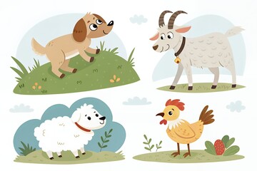 Obraz premium Cute cartoon farm animals including a dog sheep goat and chicken in a field
