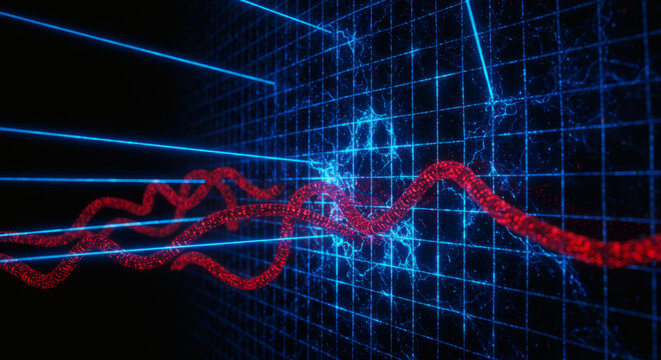 Data Visualization Abstract Red Line Chart on Blue Grid