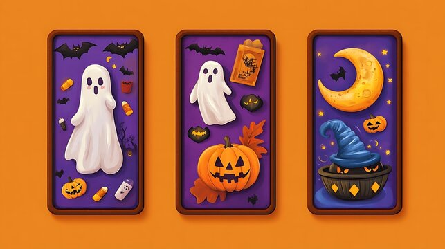 Halloween phone backgrounds with ghosts, pumpkins, and bats