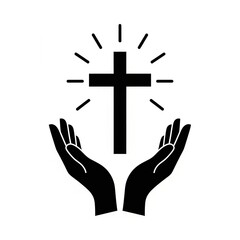 Obraz premium Hands reaching for a christian cross with light rays, isolated on white background