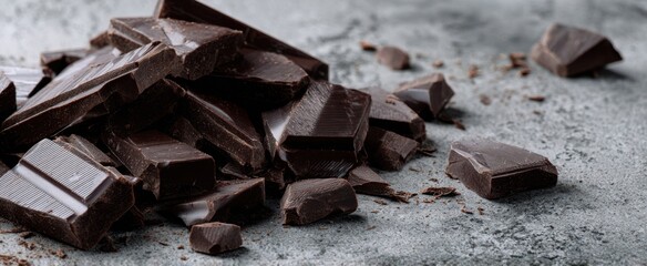 The Chocolate Bar and Broken Dark Chunks on Rustic Concrete Background for Baking