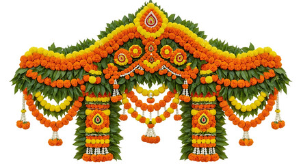 Fototapeta premium Ornate floral archway crafted from marigolds and foliage against dark backdrop