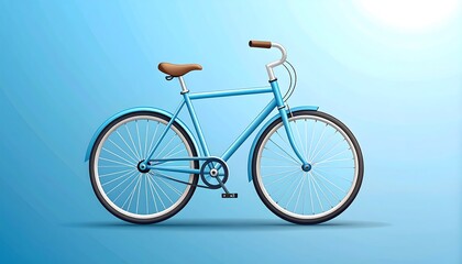 A vivid, light blue bicycle with a light brown seat and handlebars, presented against a pale, gradient-blue backdrop.