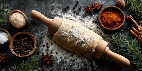 Baking ingredients arranged with a rolling pin on a dark kitchen countertop during winter preparations