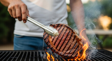 A person skillfully cooks a thick, juicy steak on an outdoor barbecue grill, with visible char marks and smoky flames, perfect for a summer culinary delight