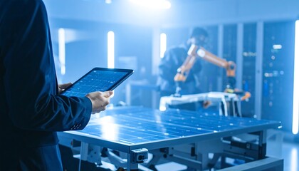 A technician examines data on a tablet while a robot installs solar panels in a modern manufacturing facility.