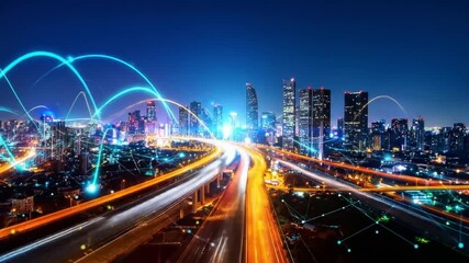 Futuristic city at night with illuminated skyscrapers and data stream lines connecting global - Powered by Adobe