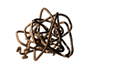 Corroded, intertwined industrial pipes form sculptural shapes, casting dramatic elongated shadows on a transparent studio background under a harsh spotlight. Concept of industrial decay and