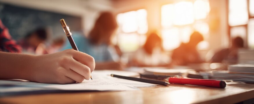 The student's hand writing notes on a paper at a sunlit classroom desk