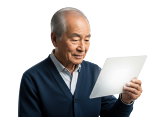 Elderly Asian man (70-80), grey hair, cardigan, subtly smiles while engaged with a glowing futuristic data slate against a transparent studio background. Concept of serene technological wisdom