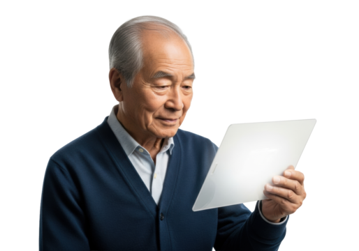 Elderly Asian man (70-80), grey hair, cardigan, subtly smiles while engaged with a glowing futuristic data slate against a transparent studio background. Concept of serene technological wisdom - Powered by Adobe