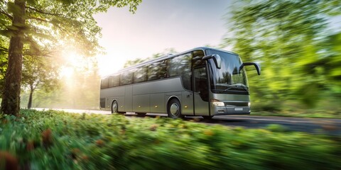 The Bus on a Sunlit Forest Road Captures Speed, Comfort, and Scenic Travel