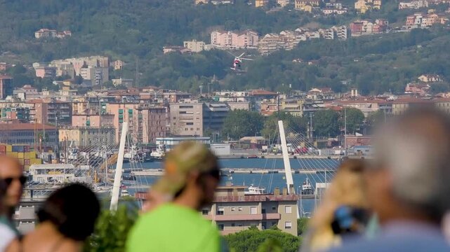 La Spezia, Italy - ITALY- Aug 09 2025: Elicopter  military perform in talian Air Force Frecce Tricolori (Tricolor Arrows) n La Spezia , ITALY