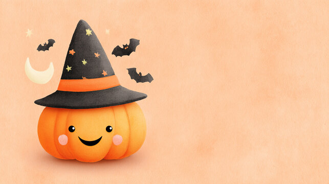 hand drawn of watercolor halloween pumpkin with witch hat and bats on background,Smiling jack-o'-lantern with witch hat,halloween pumpkin with witch hat,Carved Halloween pumpkins - Powered by Adobe