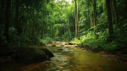 Obraz premium Lush green rainforest with a flowing creek, sunlight filtering through the dense canopy.