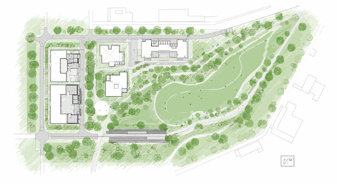 Architectural Site Plan Illustration Featuring Buildings, Park, and Green Spaces