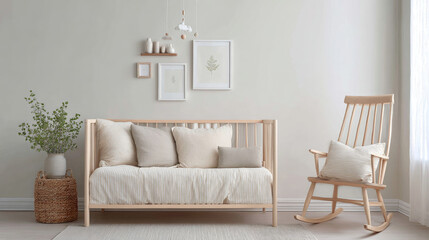 Cozy nursery room featuring a wooden crib and rocking chair, adorned with pastel decor.