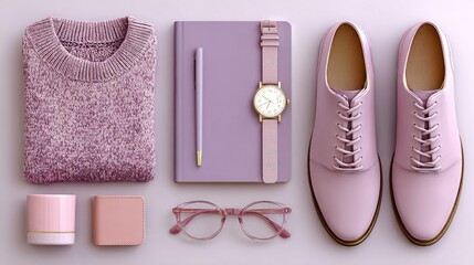Flat lay of mauve-toned apparel and accessories