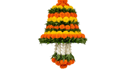 Vibrant floral arrangement of marigolds, cascading in a tiered festive display