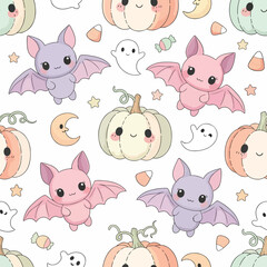 Fototapeta premium Seamless Pattern, Kawaii Halloween pattern with cute pumpkins, bats, ghosts, candy and stars Stock royalty free image.