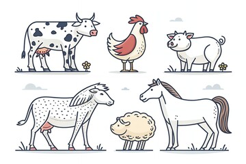 Collection of farm animals including cow horse pig chicken and sheep