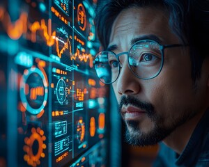 Asian businessman using futuristic technology for global financial trading