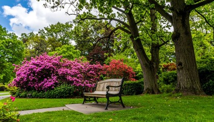 A peaceful park scene showcasing a wooden bench nestled amidst vibrant pink azaleas and lush greenery under a partly cloudy sky.
